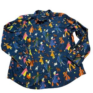 Lesley Evers 1X Novelty Dog Walker Print Button Down Shirt Blue Long Sleeve